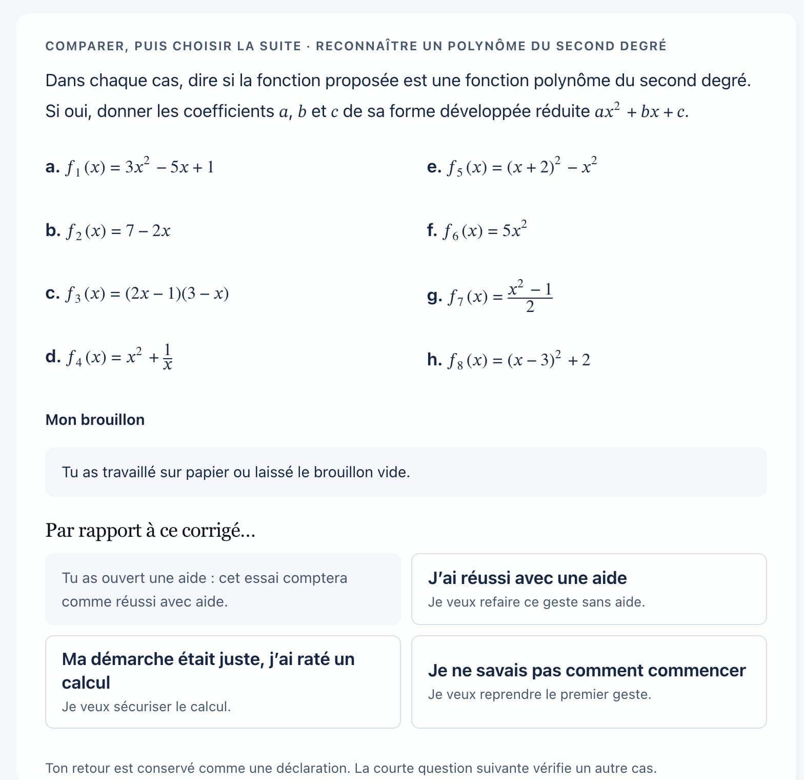 Le corrigé étape par étape et les quatre réponses possibles