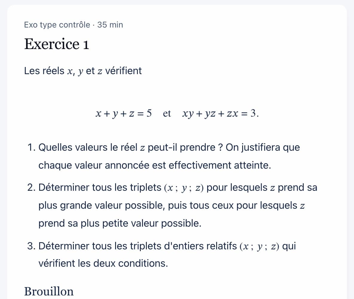 Un exo type contrôle, son énoncé sans méthode et sa durée indicative